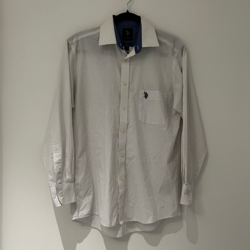 US Polo Assn Mens Slim Fit Polka Dot Button Down Shirt White Blue Medium 15-15.5